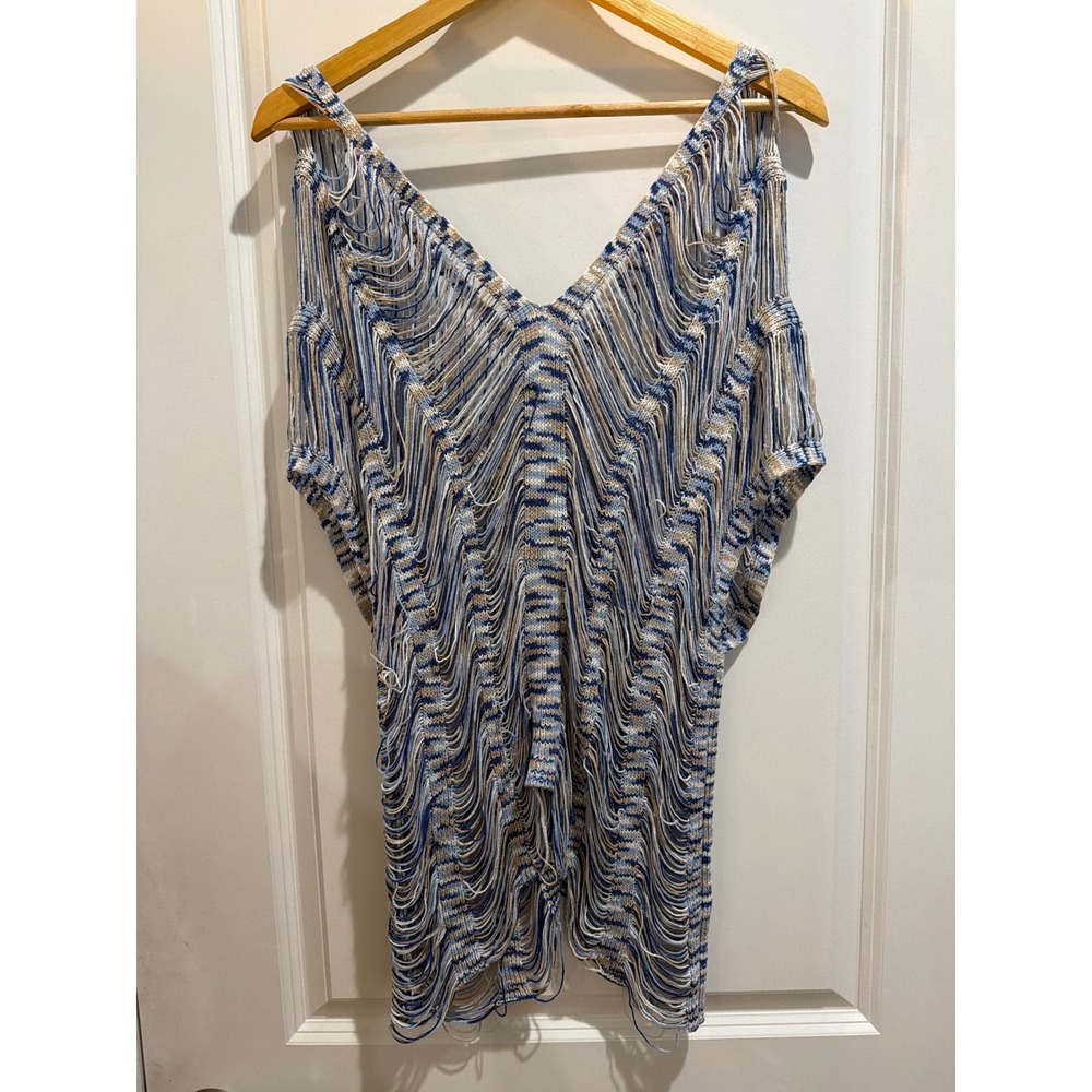Boho Distressed Fringe Open Knit V-Neck Top Blue Cream Space Dye Oversized